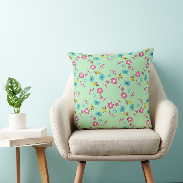 Bees, birds and flowers green pattern throw pillow (Chair)