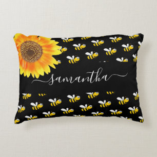 Bees black yellow sunflower name script accent pillow
