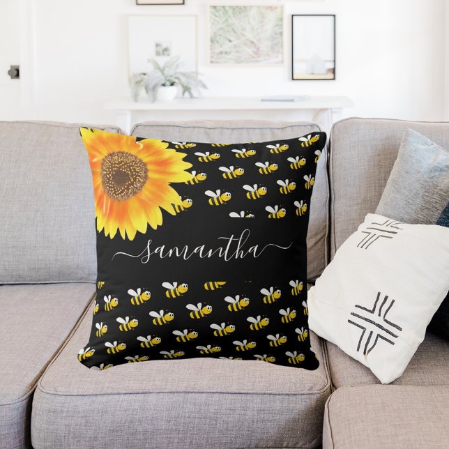 Bees black yellow sunflower name script  throw pillow (Creator Uploaded)