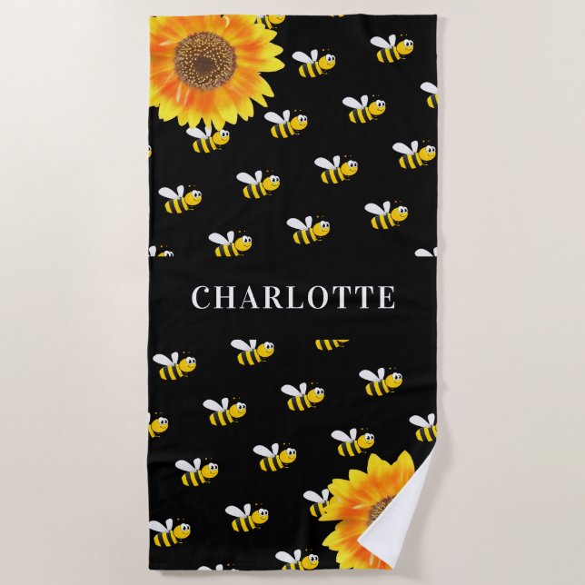 Bees black yellow sunflowers name beach towel (Front)