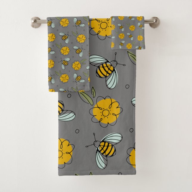 Bees & Buttercups on Grey  Bath Towel Set (Insitu)