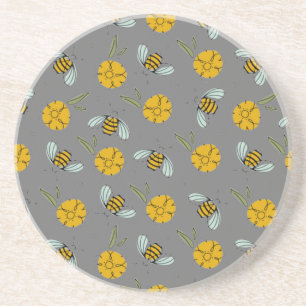 Bees & Buttercups on Grey Coaster