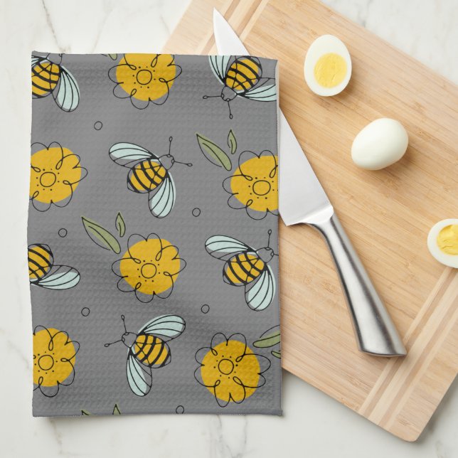 Bees & Buttercups on Grey  Kitchen Towel (Quarter Fold)