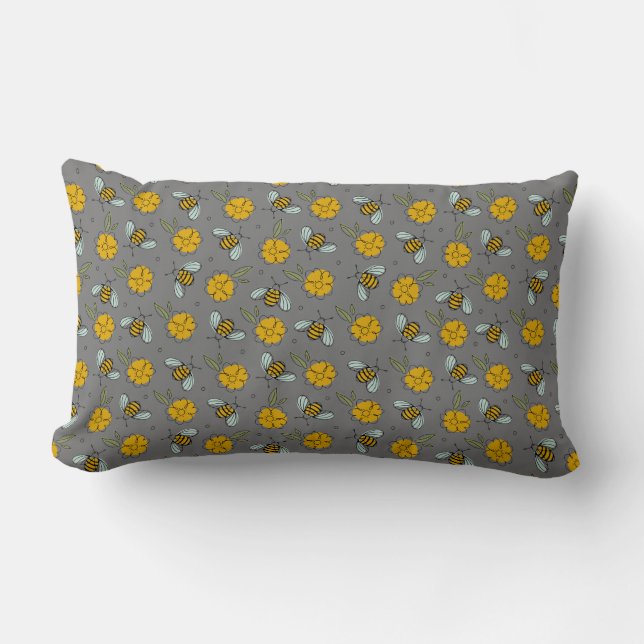 Bees & Buttercups on Grey Lumbar Pillow (Front)