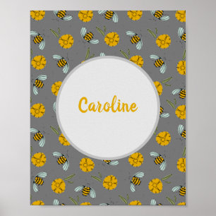 Bees & Buttercups on Grey Personalized Print