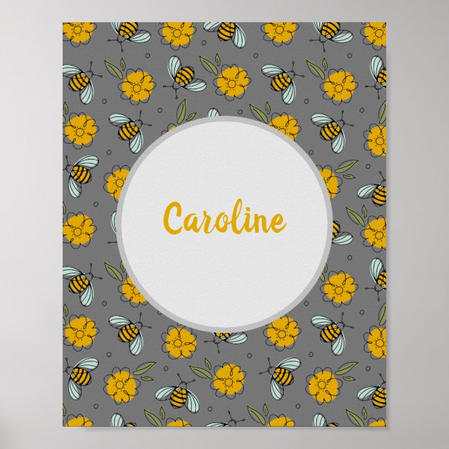 Bees & Buttercups on Grey Personalized Print (Front)
