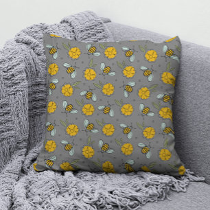 Bees & Buttercups on Grey   Throw Pillow
