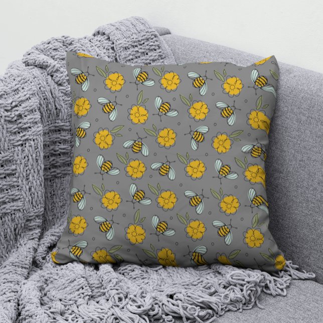 Bees & Buttercups on Grey   Throw Pillow (Creator Uploaded)