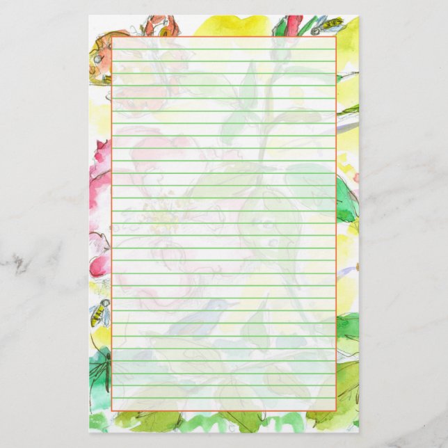 Bees Butterflies Bluebirds Green Lined Stationery (Front)