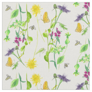 Bees Butterflies Dandelion Wildflowers Watercolor Fabric
