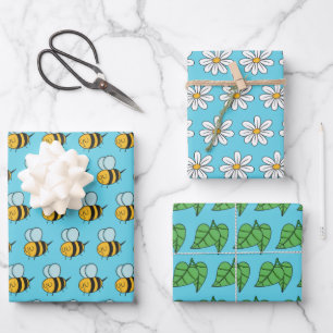 Bees Daisies Leaves Wrapping Paper Set of 3