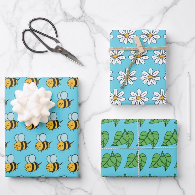 Bees Daisies Leaves Wrapping Paper Set of 3 (Front)