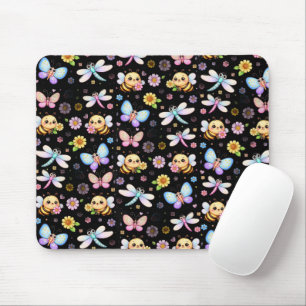 Bees, Dragonflies and Butterflies Kawaii Art Mouse Pad