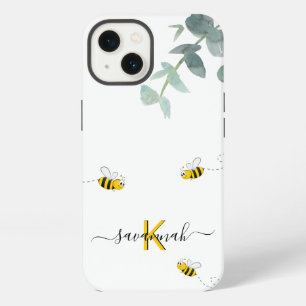 Bees eucalyptus greenery white monogram iPhone 13 case