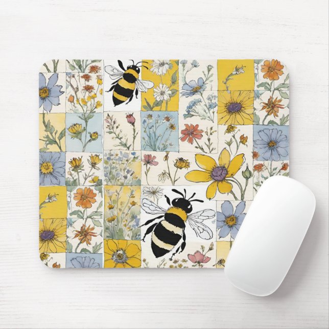 Bees Floral Patchwork in Blues and Yellows Mouse Pad (With Mouse)