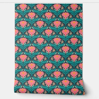 Bees Flower Reddish Pink on Dark Blue Wallpaper