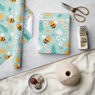 Bees Flowers Leaves  Wrapping Paper