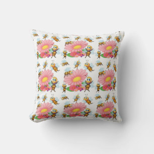 Bees Flying Around Spring Flowers Throw Pillow