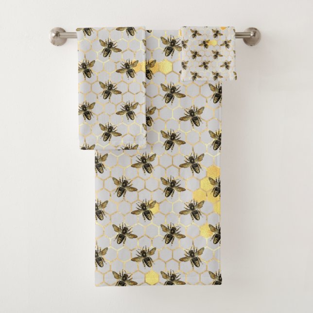 Bees Gold Honeycomb Bath Towel Set (Insitu)