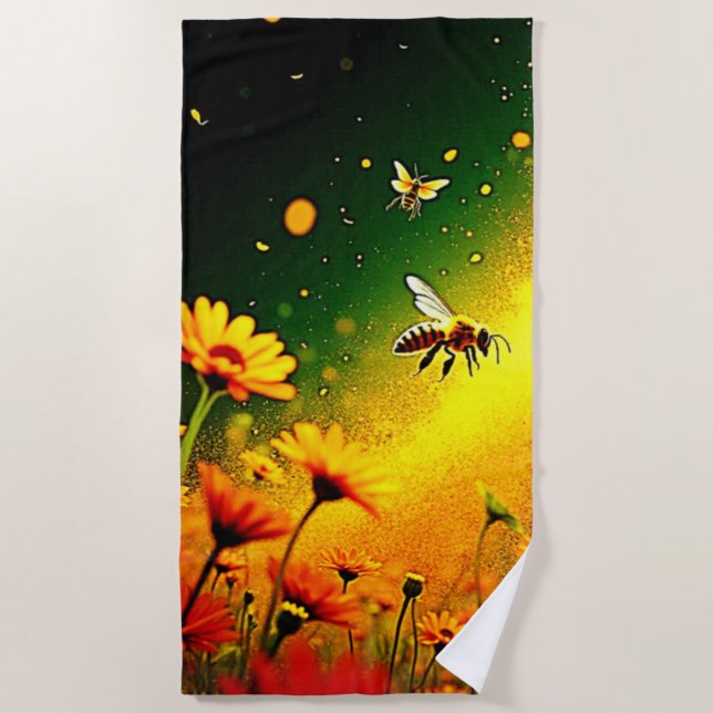 Bees' Golden Pollen Burst Joy Design Beach Towel (Front)