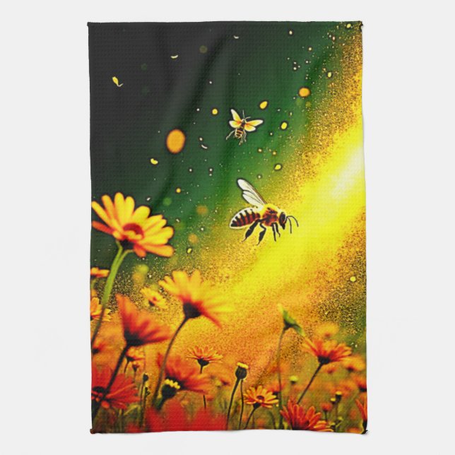 Bees' Golden Pollen Burst Joy Design Kitchen Towel (Vertical)