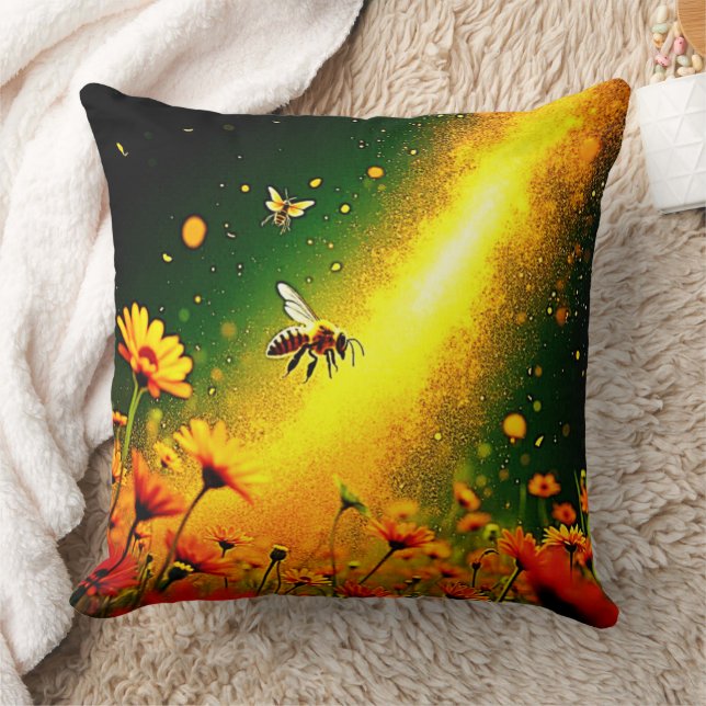 Bees' Golden Pollen Burst Joy Design Throw Pillow (Blanket)