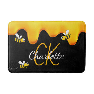 Bees honey Black gold monogram Bath Mat