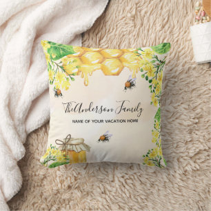 Bees honey yellow florals family name garden throw pillow