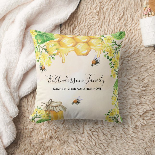 Bees honey yellow florals family name garden throw pillow (Blanket)