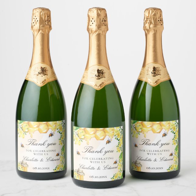 Bees honey yellow florals summer wedding sparkling wine label (Bottles)