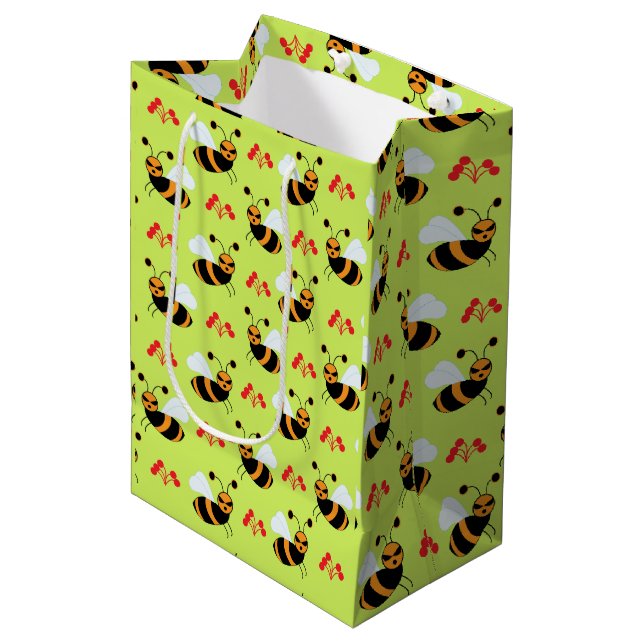 Bees Honeybee Red Flowers Pattern Medium Gift Bag (Front Angled)