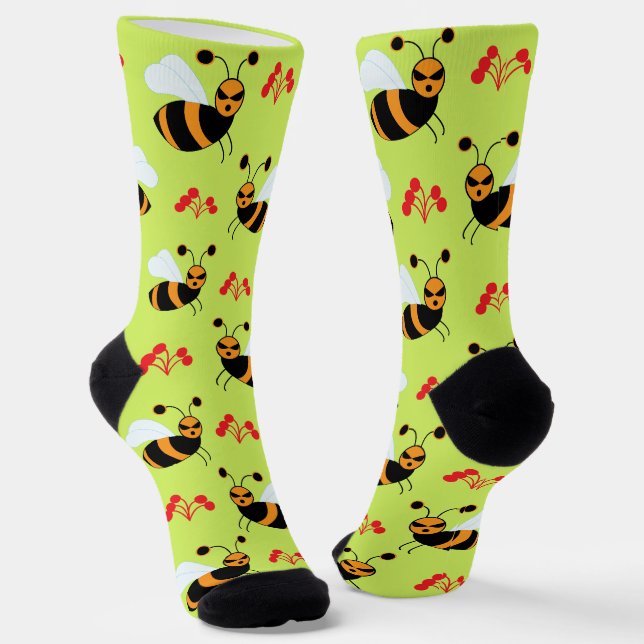 Bees Honeybee Red Flowers Pattern Socks (Angled)