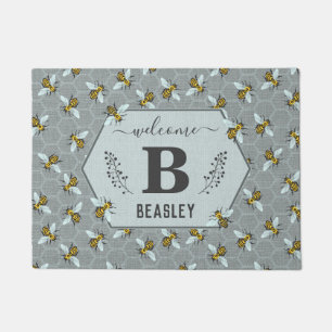 Bees Honeycomb Grey Yellow Monogram Family Name v2 Doormat