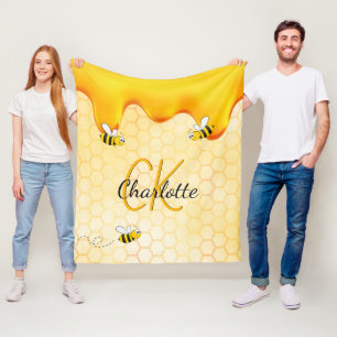 Bees honeycomb honey dripping monogram fleece blanket