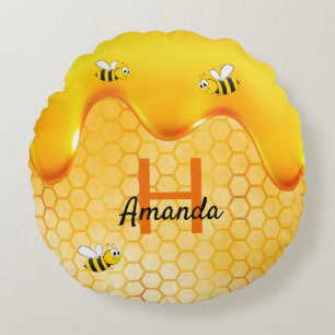 Bees honeycomb honey dripping name round pillow