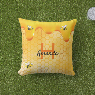 Bees honeycomb honey drips Yellow name Outdoor Pillow