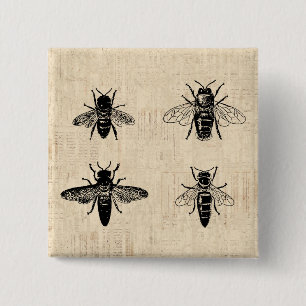 Bees Illustration Antique Bee Art Vintage Design 2 Inch Square Button