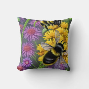 Bees in a Flower Meadow Throw Pillow