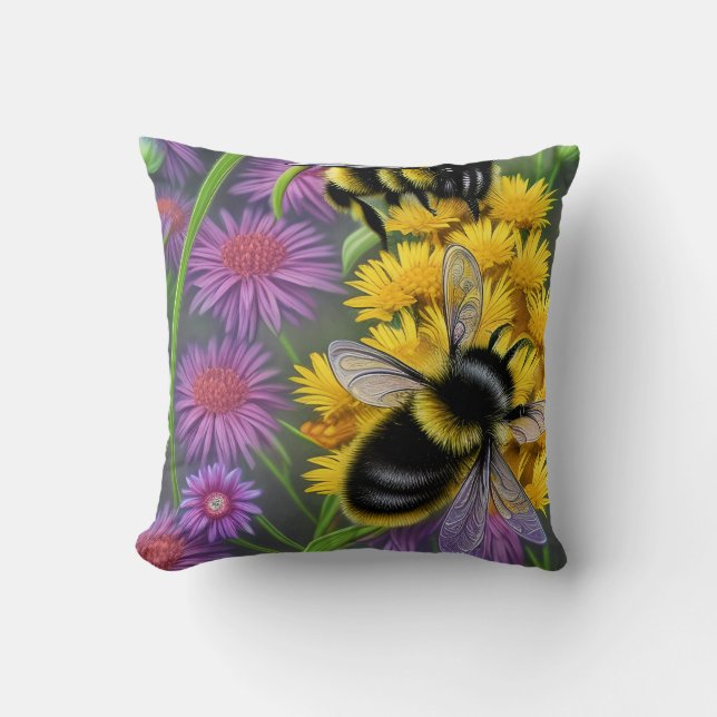 Bees in a Flower Meadow  Throw Pillow (Front)