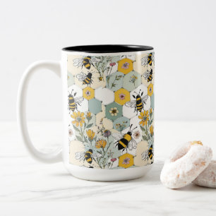 Bees in a Honeycomb Wildflower Patchwork Floral Two-Tone Coffee Mug