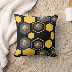 Bees in Honeycomb Black Print Throw Pillow