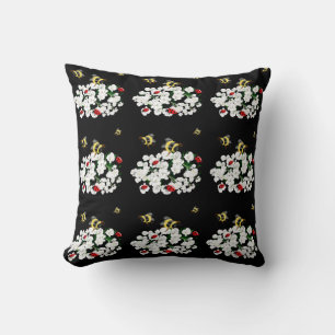 Bees ladybirds flowers white black Art by LeahG Throw Pillow