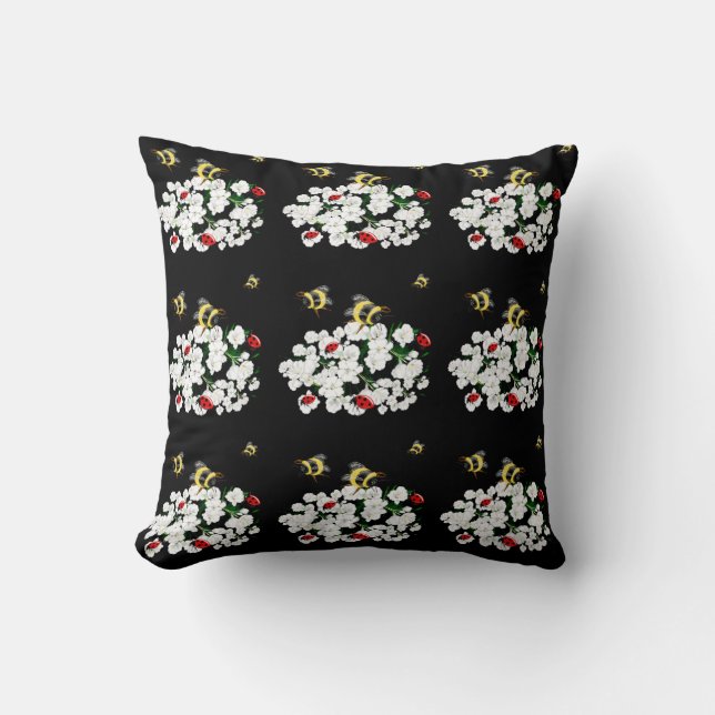 Bees  ladybirds flowers white black Art by LeahG Throw Pillow (Front)