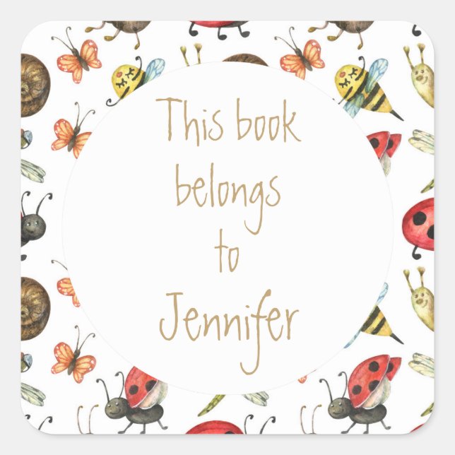 Bees Ladybugs Garden Bug Custom Library Book Plate Square Sticker (Front)