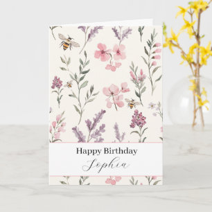 Bees Lavender Pink Flowers Birthday Card
