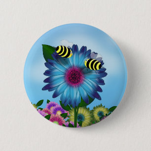 Bee's Lunch Date on Blue Flower 2 Inch Round Button