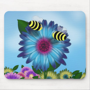 Bee's Lunch Date on Blue Flower Mouse Pad
