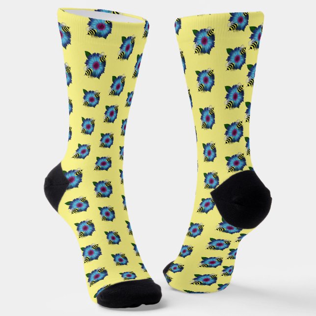 Bee's Lunch Date on Blue Flower Socks (Angled)