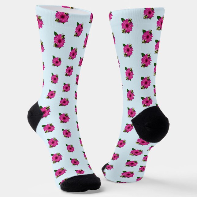 Bee's Lunch Date on Pink Flower Socks (Angled)
