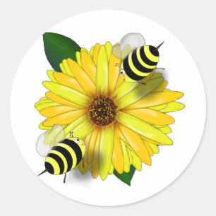 Bee's Lunch Date on Yellow Flower Classic Round Sticker